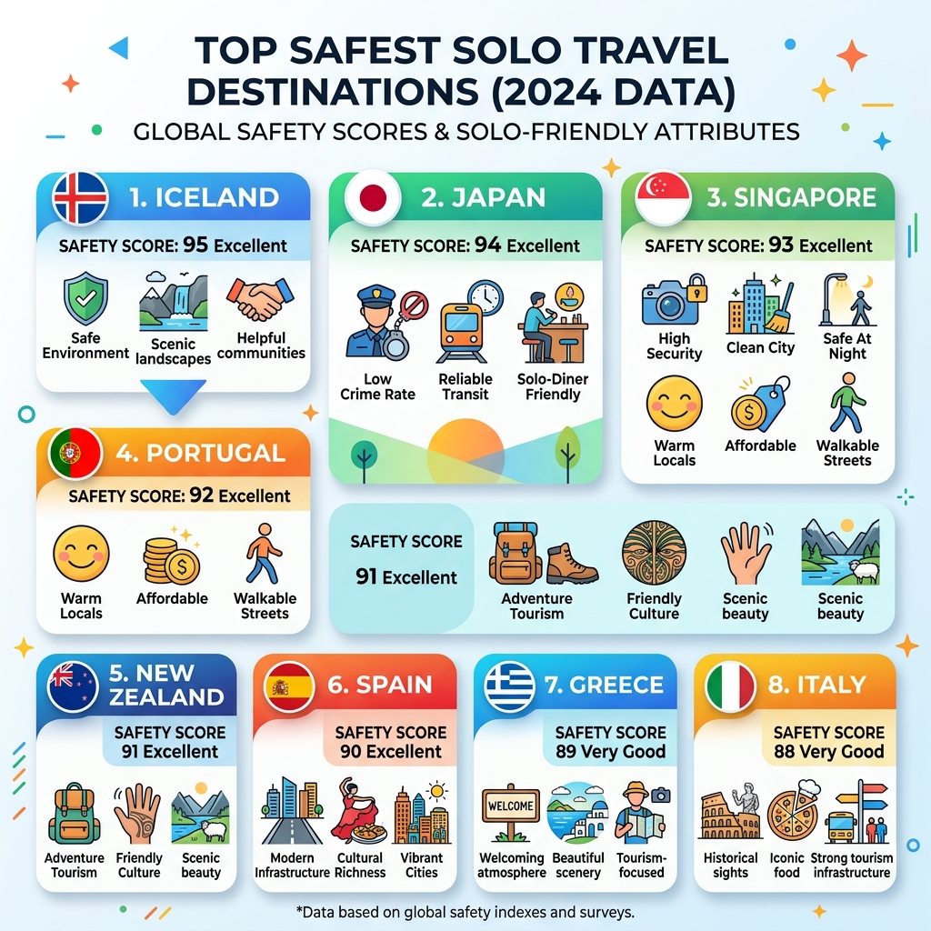 infographic showing top safest solo travel destinations in 2024 with safety scores and key attributes - safest solo travel