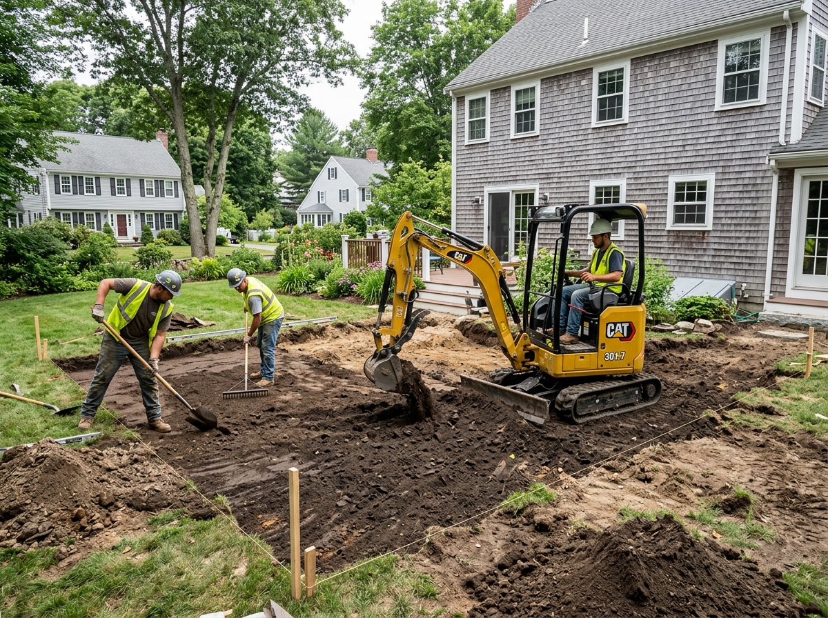 Professional hardscaping crew excavating and leveling the base for a new patio in Ipswich - Patio installation Ipswich MA