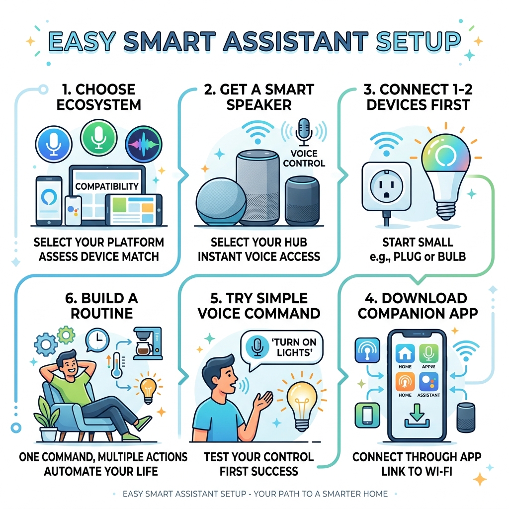 Steps of an easy smart assistant setup from choosing ecosystem to creating routines - easy smart assistant setup infographic 