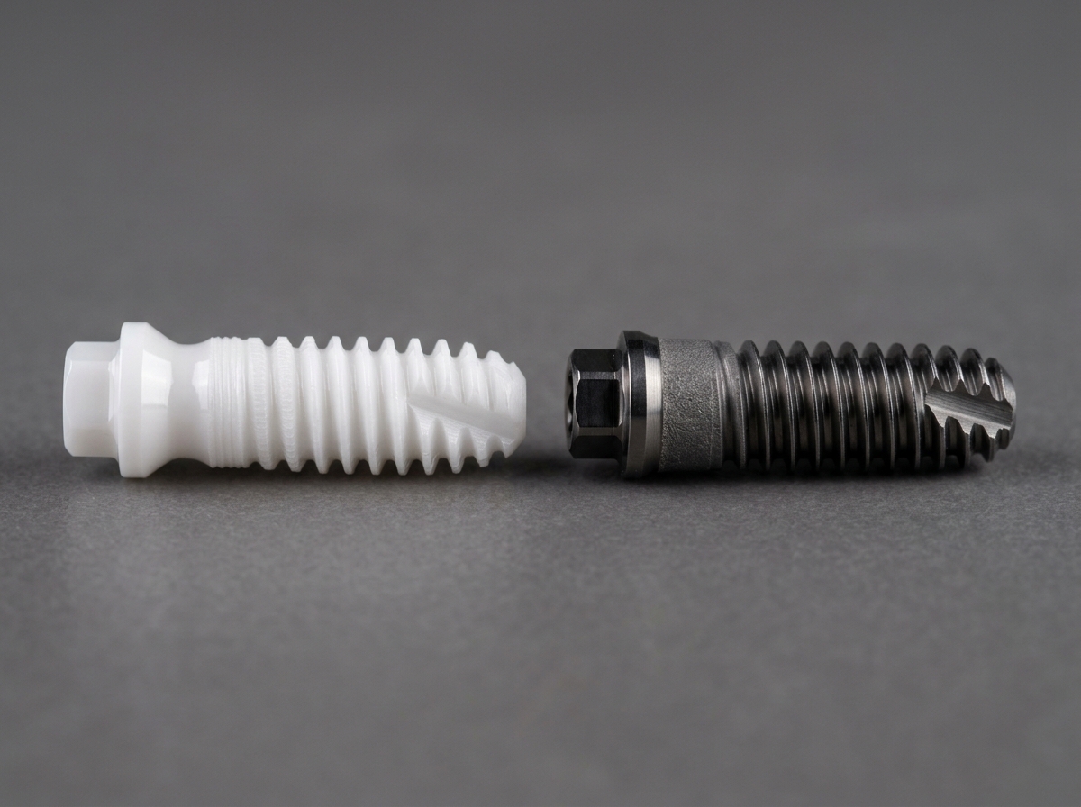 A comparison showing a white zirconia implant next to a traditional titanium screw - zirconia dental implants nyc