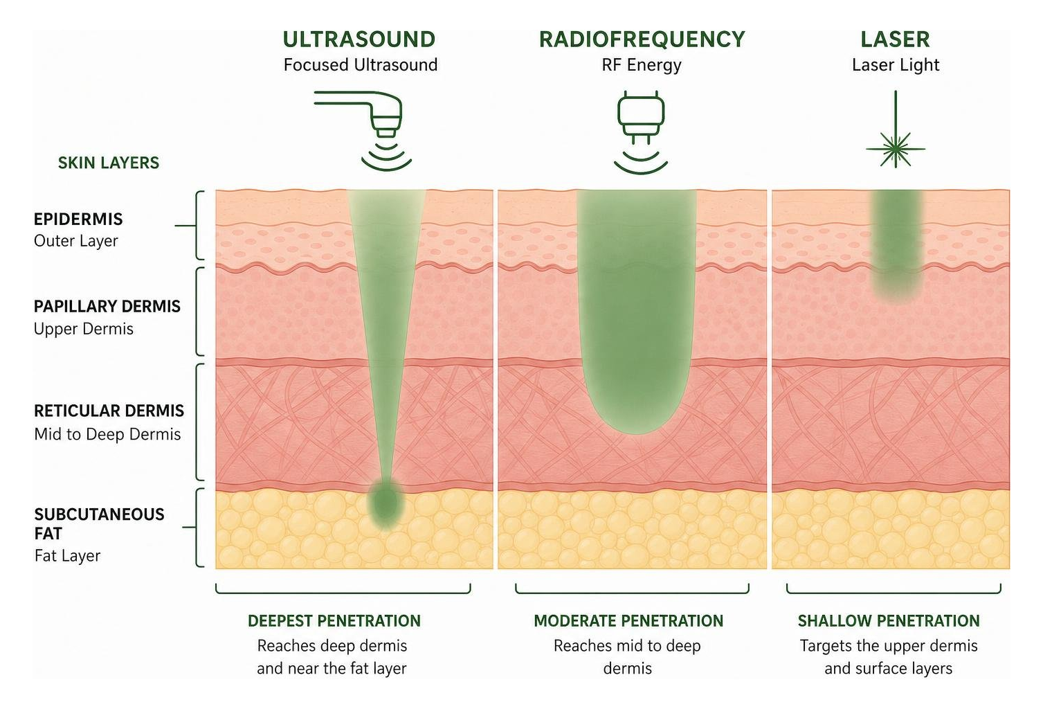 Diagram comparing ultrasound, radiofrequency, and laser penetration depths Diagram comparing ultrasound, radiofrequency, and laser penetration depths