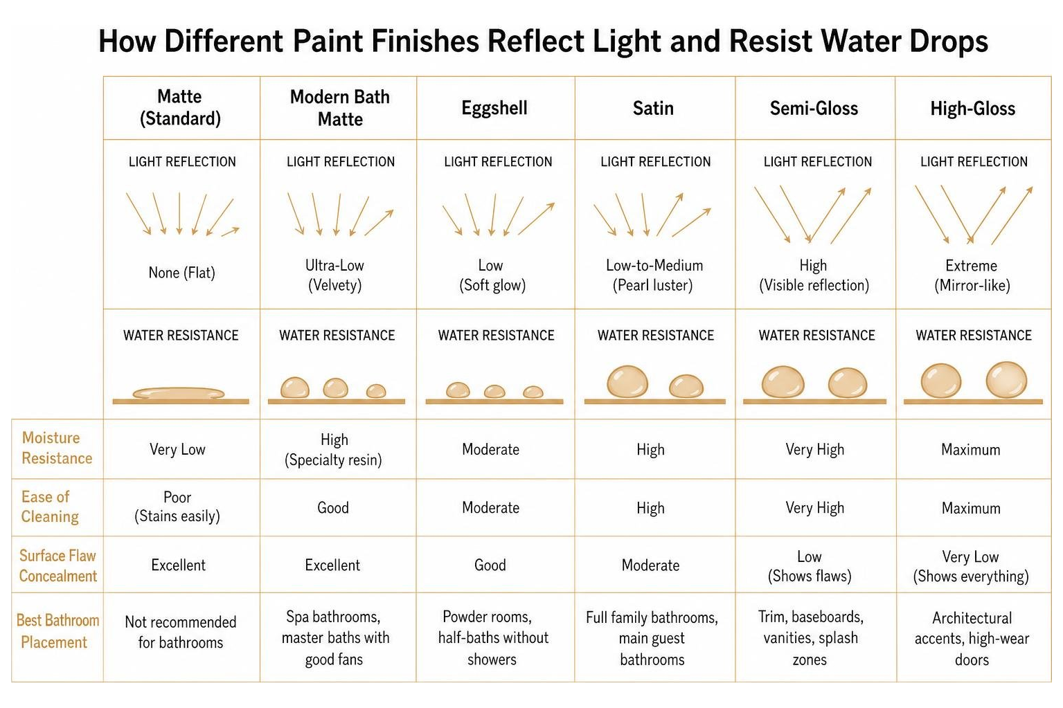 Comparison of how different paint finishes reflect light and resist water drops Comparison of how different paint finishes reflect light and resist water drops