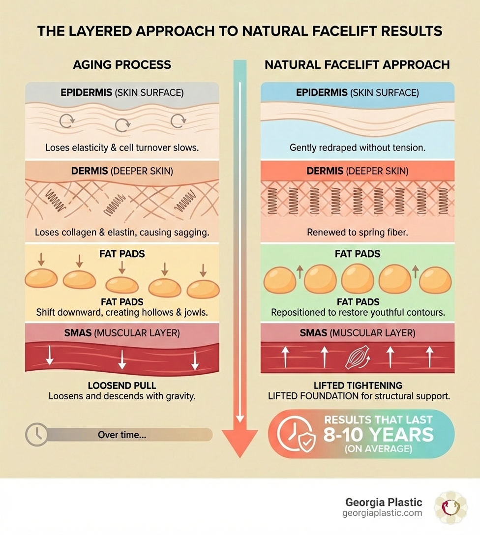 Infographic showing the layered approach to natural facelift results: the epidermis (skin surface) loses elasticity and cell turnover slows; the dermis (deeper skin) loses collagen and elastin causing sagging; the SMAS muscular layer loosens and descends with gravity; fat pads shift downward creating hollows in cheeks and jowls at the jawline; modern facelifts address all these layers by lifting the SMAS foundation, repositioning fat, and gently redraping skin without tension for results that last 8-10 years - Natural facelift results infographic Infographic showing the layered approach to natural facelift results: the epidermis (skin surface) loses elasticity and cell turnover slows; the dermis (deeper skin) loses collagen and elastin causing sagging; the SMAS muscular layer loosens and descends with gravity; fat pads shift downward creating hollows in cheeks and jowls at the jawline; modern facelifts address all these layers by lifting the SMAS foundation, repositioning fat, and gently redraping skin without tension for results that last 8-10 years - Natural facelift results infographic