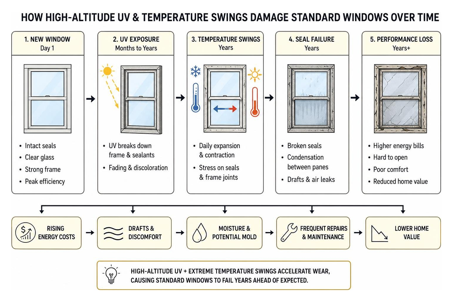 Diagram showing how high-altitude UV and temperature swings damage standard windows over time Diagram showing how high-altitude UV and temperature swings damage standard windows over time