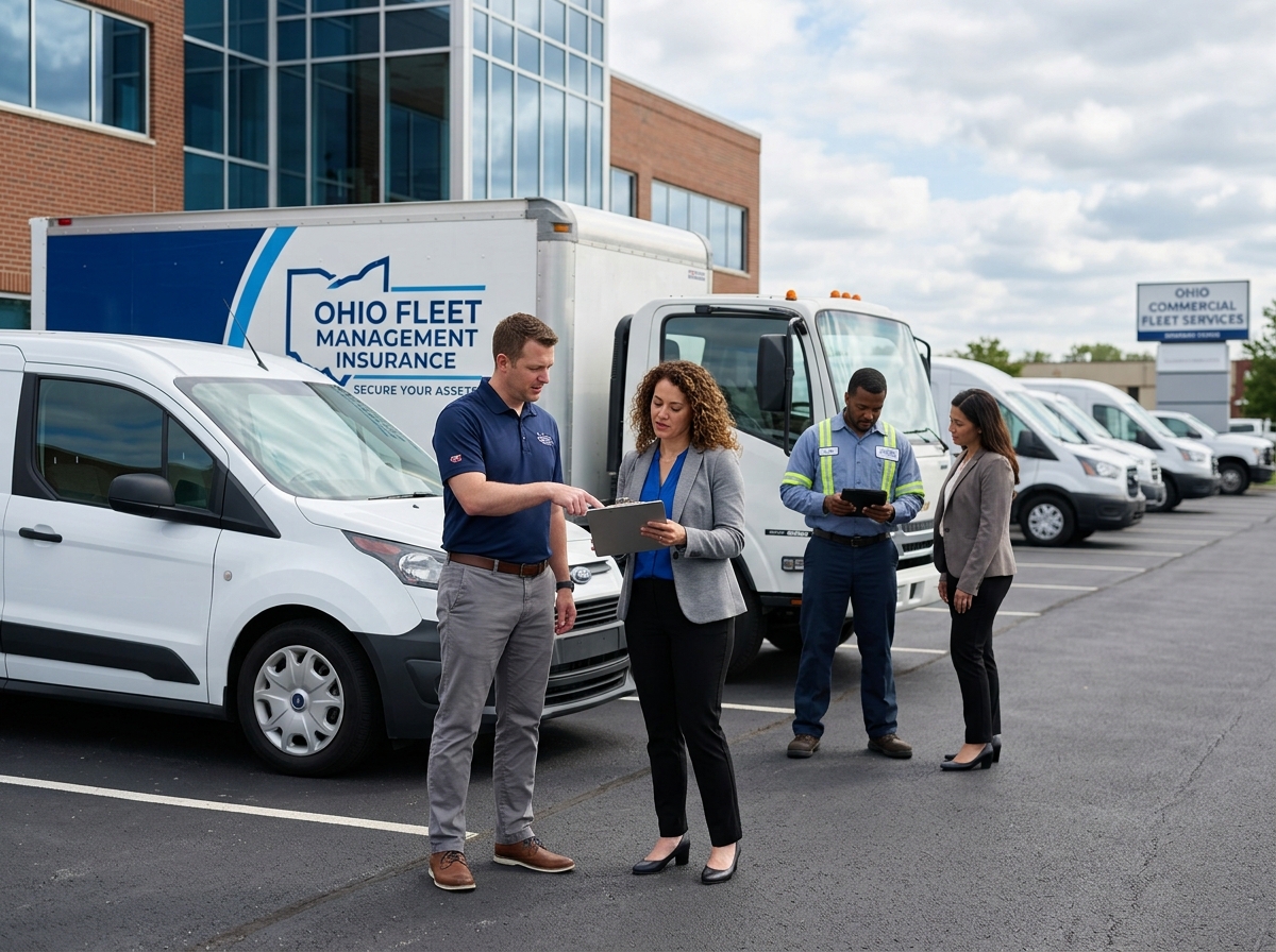 Fleet manager in Ohio office using telematics software to track vehicle locations and driver safety scores - Ohio fleet