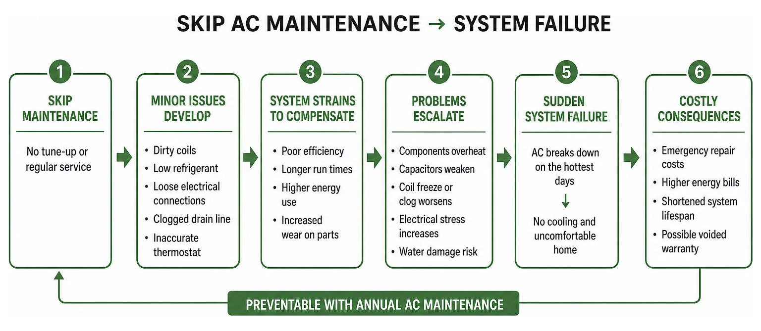 Diagram showing the cause-and-effect chain of skipping AC maintenance leading to system failure