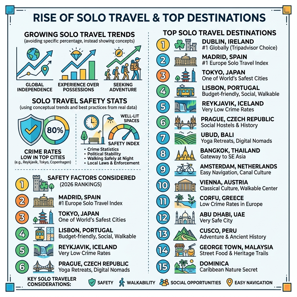 rise of solo travel infographic with safety statistics and top destination rankings - top solo travel destinations