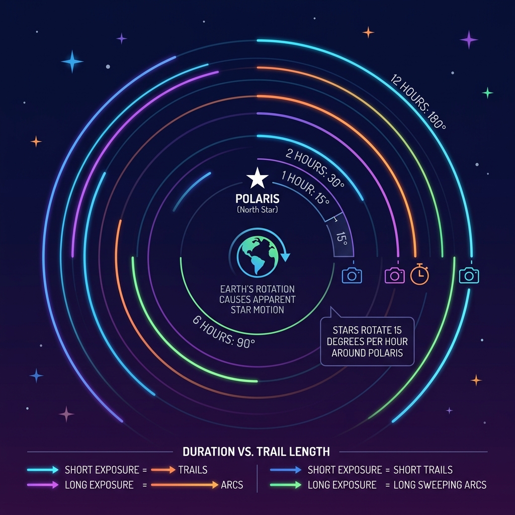 Infographic showing stars rotating 15 degrees per hour around Polaris with trail length by duration - long exposure star Infographic showing stars rotating 15 degrees per hour around Polaris with trail length by duration - long exposure star