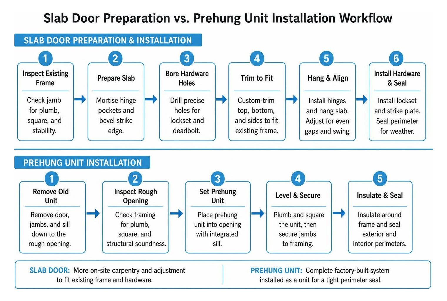 Comparison of slab door preparation versus prehung unit installation workflow Comparison of slab door preparation versus prehung unit installation workflow