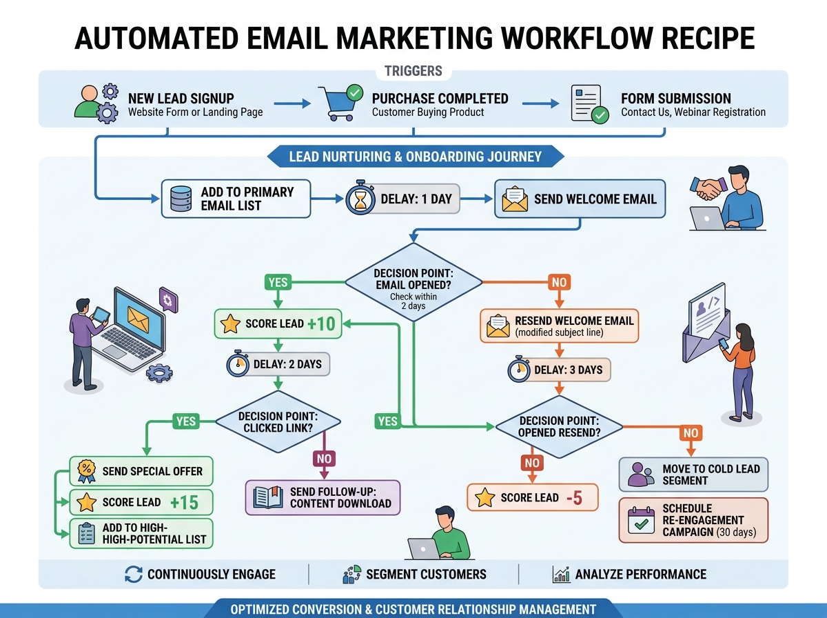 Automated workflow recipe showing triggers, delays, and conditional logic paths - best email marketing automation tools