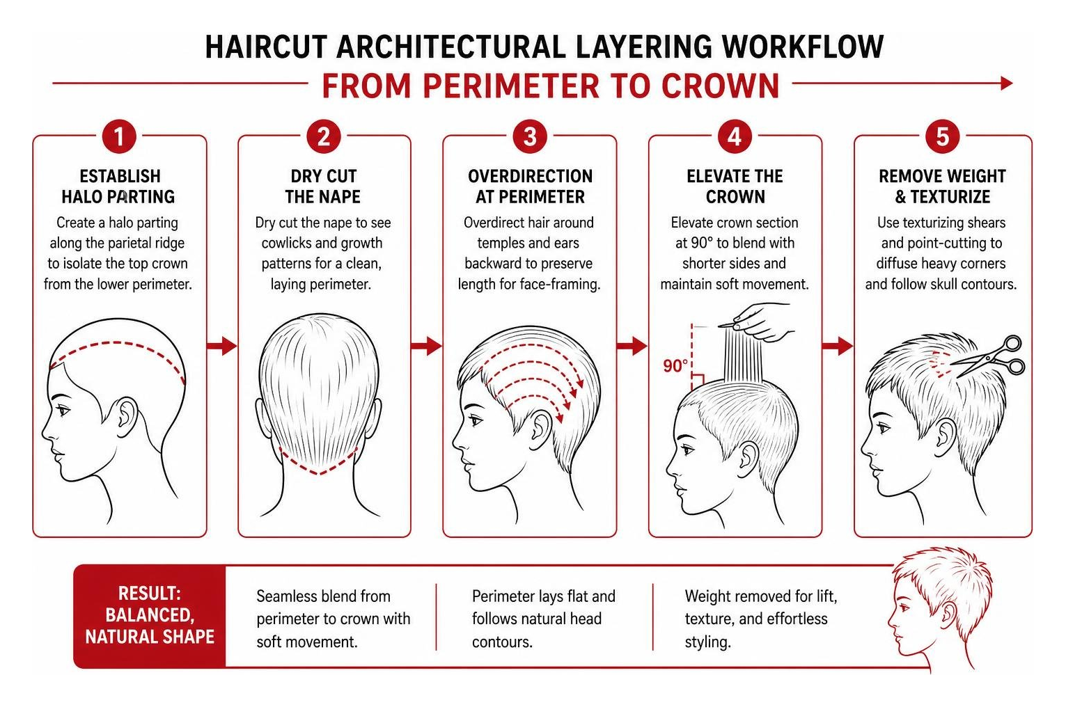 Haircut architectural layering workflow from perimeter to crown Haircut architectural layering workflow from perimeter to crown