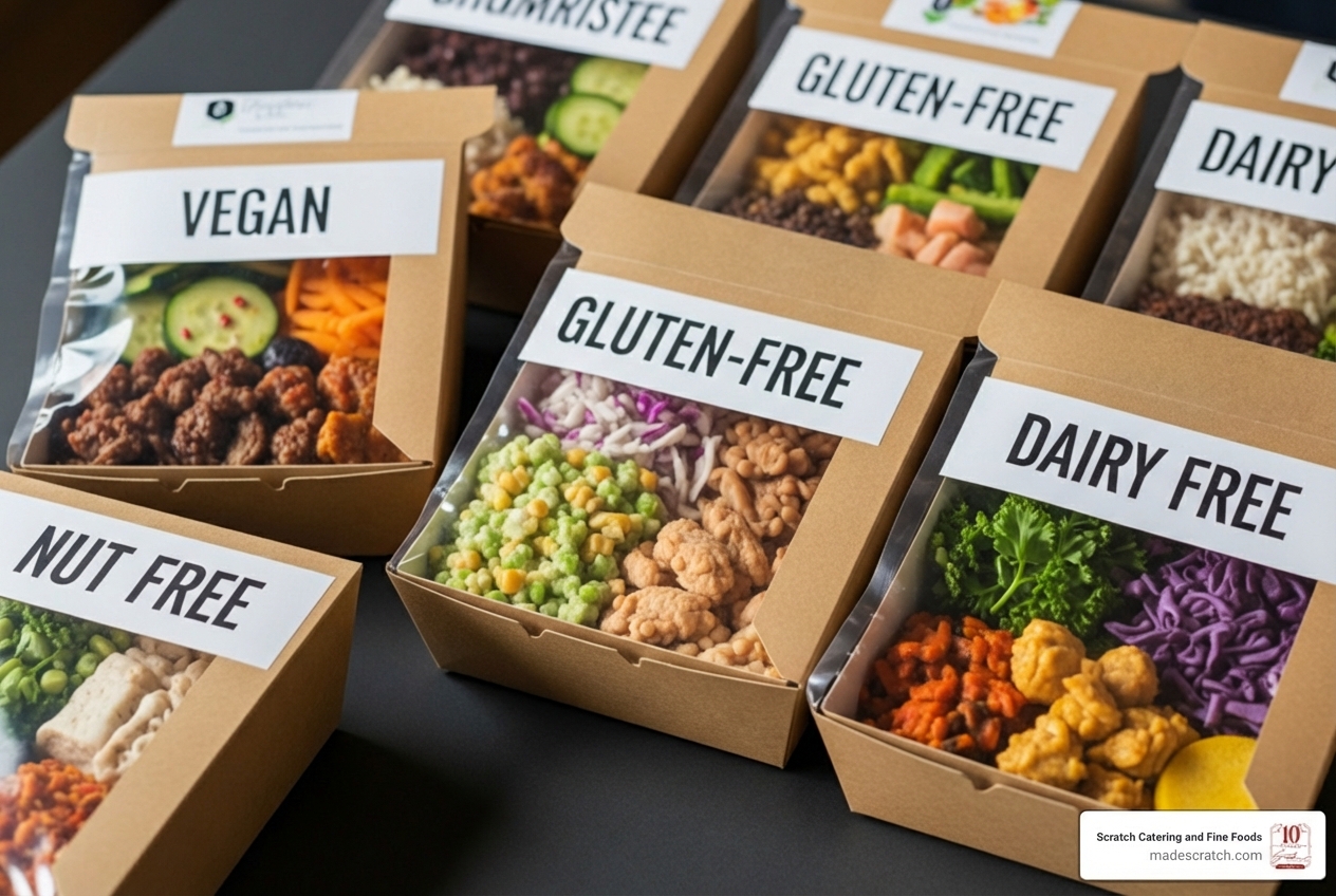 clearly labeled meal boxes for different dietary needs (e.g., Vegan, Gluten-Free) - daily office catering