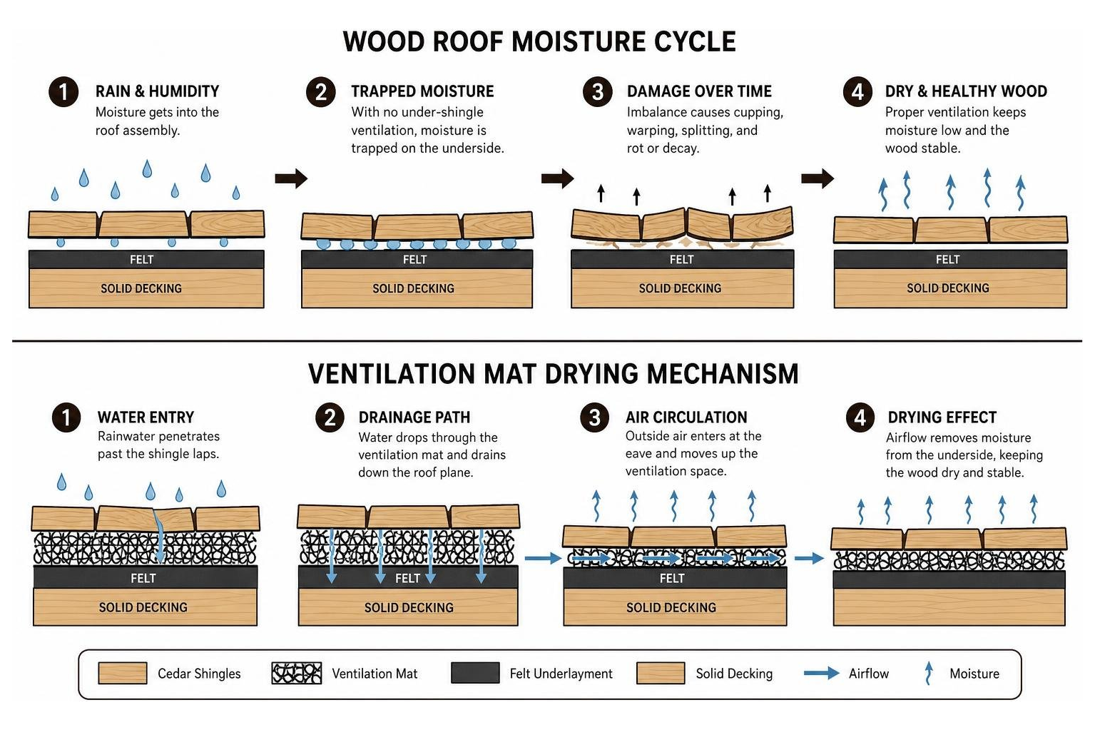 Wood roof moisture cycle and ventilation mat drying mechanism