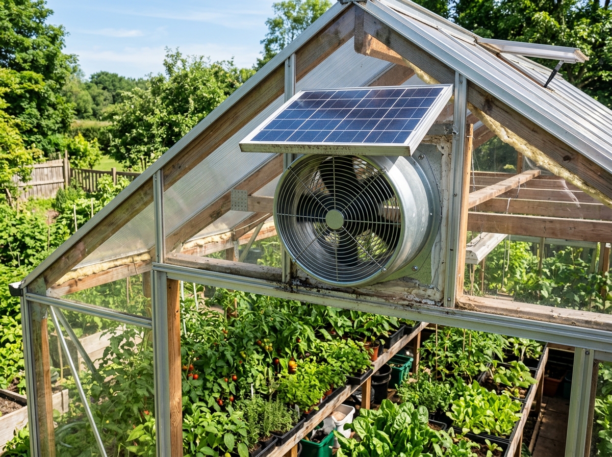 Solar exhaust fan installed in a greenhouse with plants below - solar powered fan