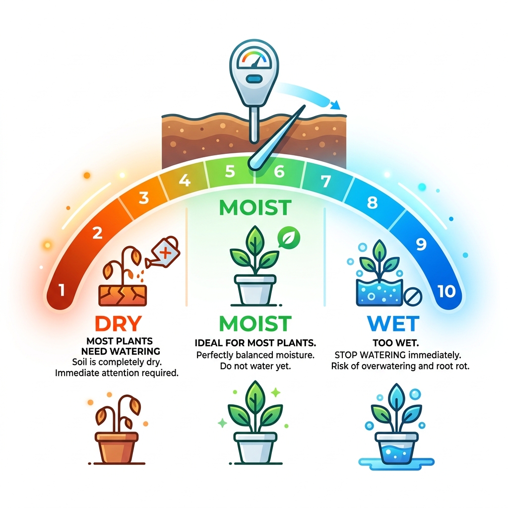 soil moisture scale from dry (1) to wet (10) with plant watering guidance - moisture meter for plants infographic 
