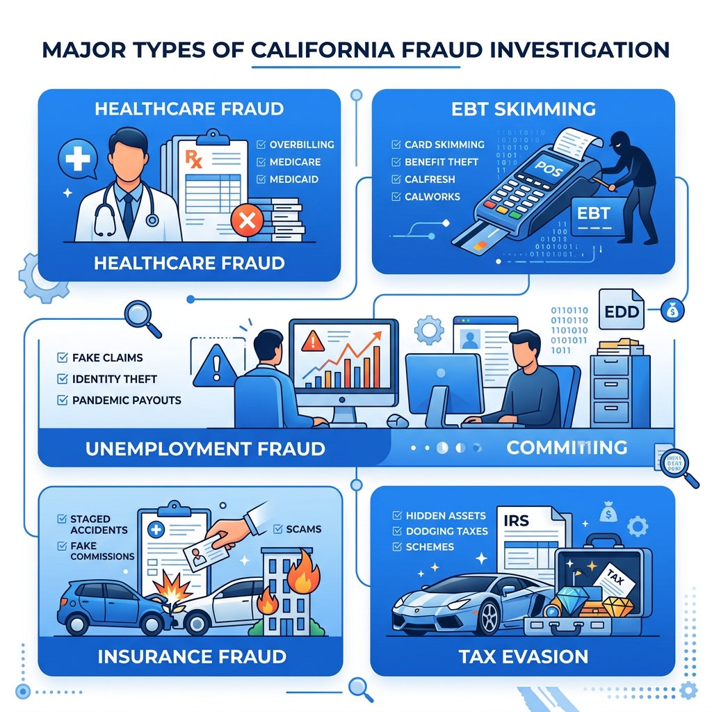 Infographic showing major types of California fraud investigation including healthcare, EBT, unemployment, insurance, and