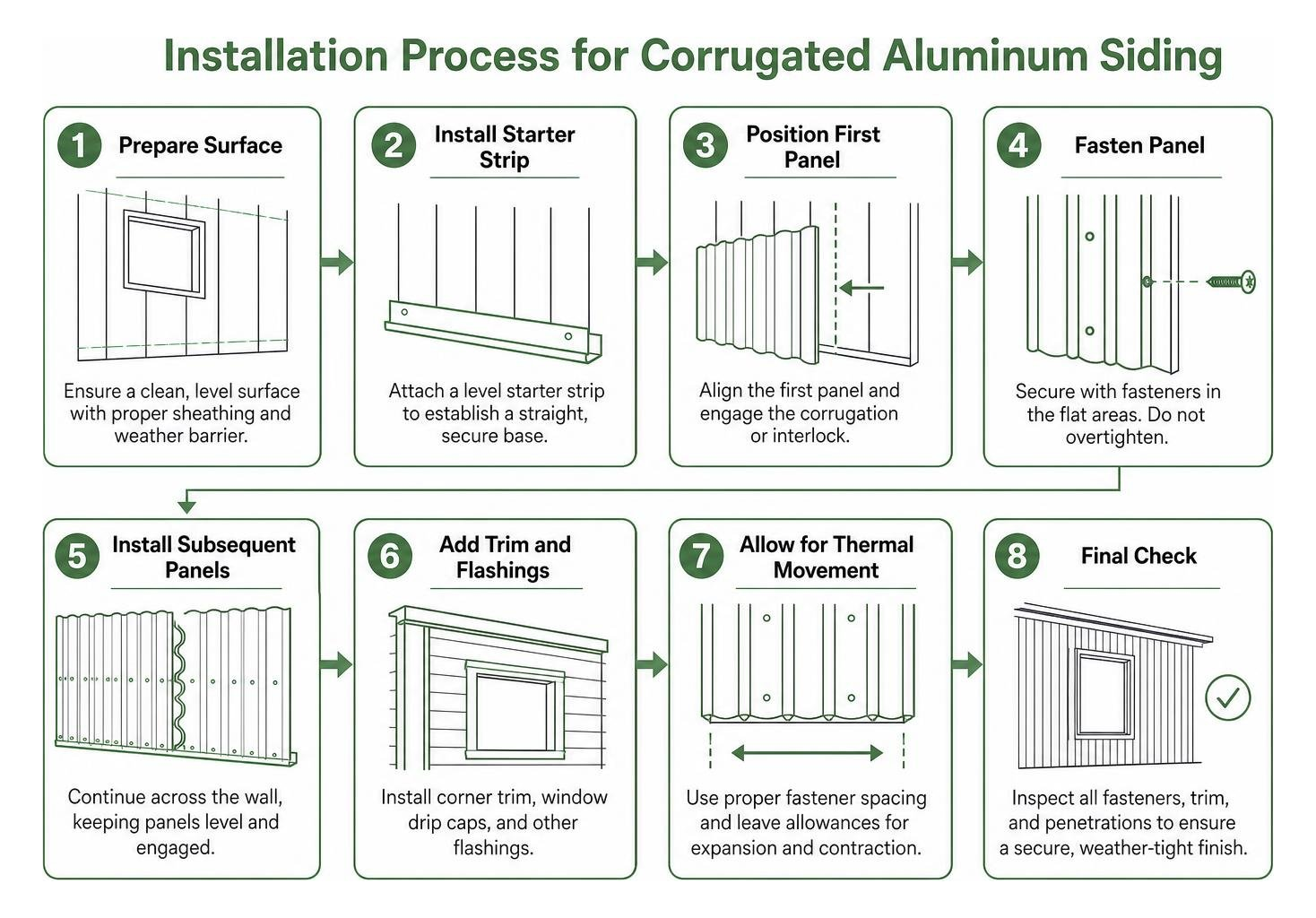Installation process diagram for corrugated aluminum siding Installation process diagram for corrugated aluminum siding