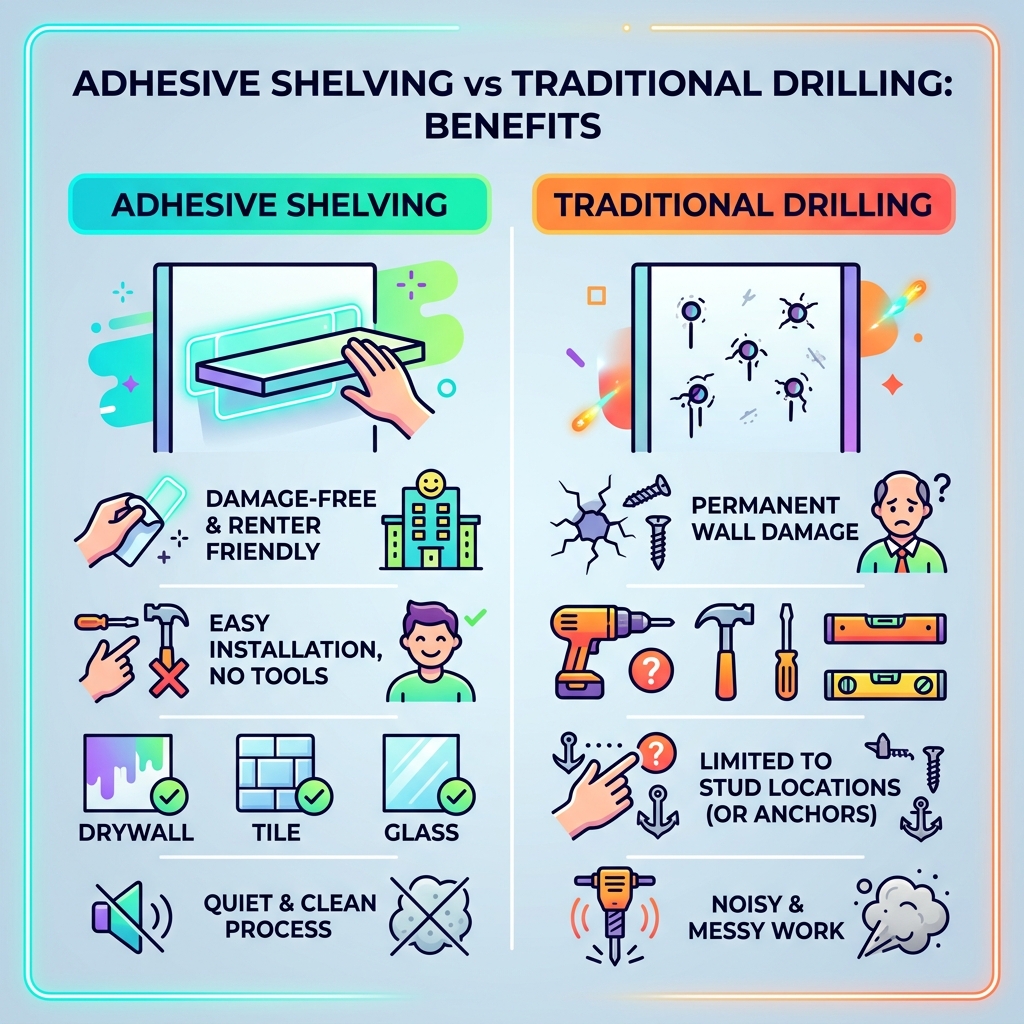 Benefits of adhesive shelving vs traditional drilling infographic - stickable bedroom wall shelves infographic Benefits of adhesive shelving vs traditional drilling infographic - stickable bedroom wall shelves infographic