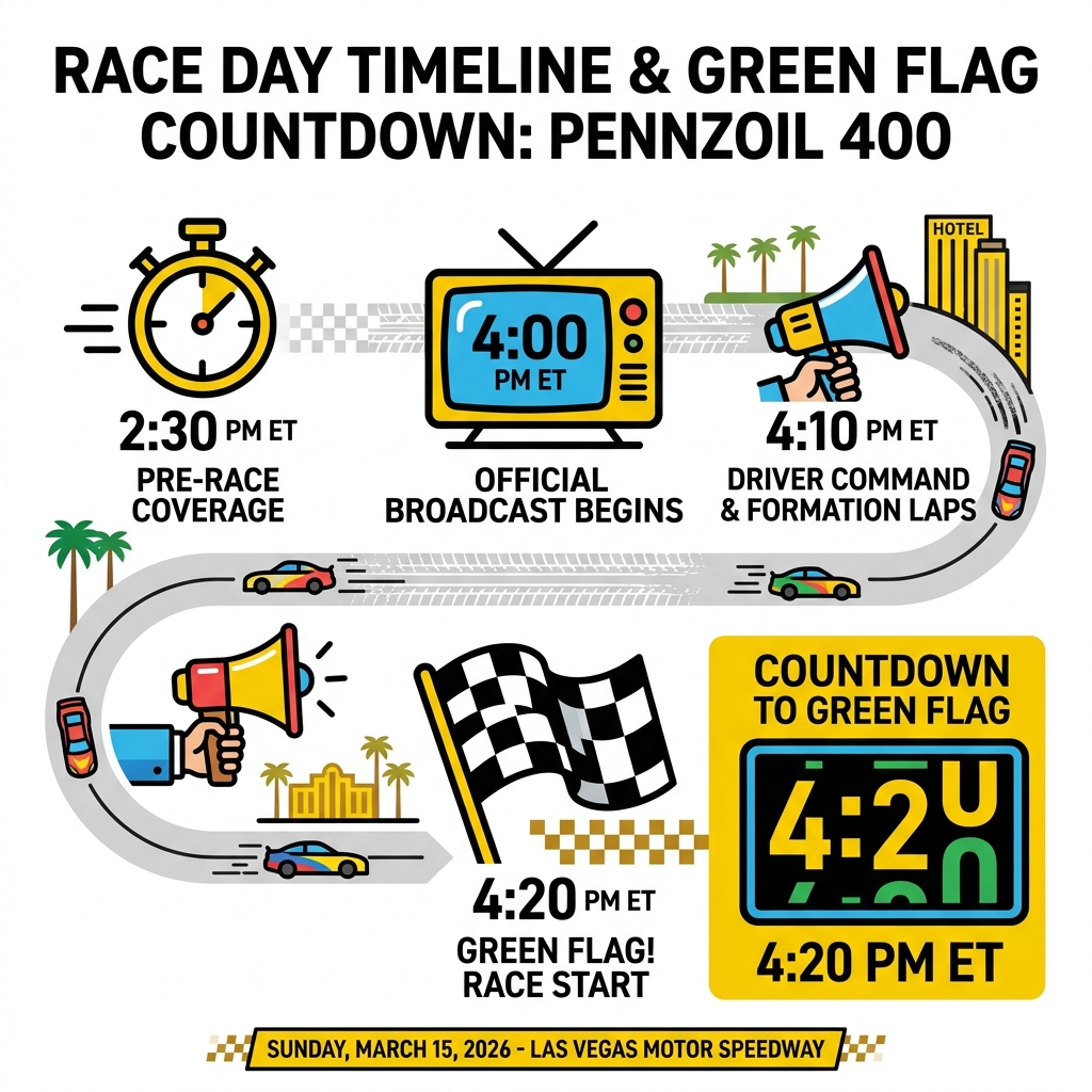 Race day timeline and green flag countdown for the Pennzoil 400 at Las Vegas Motor Speedway - today's nascar race time