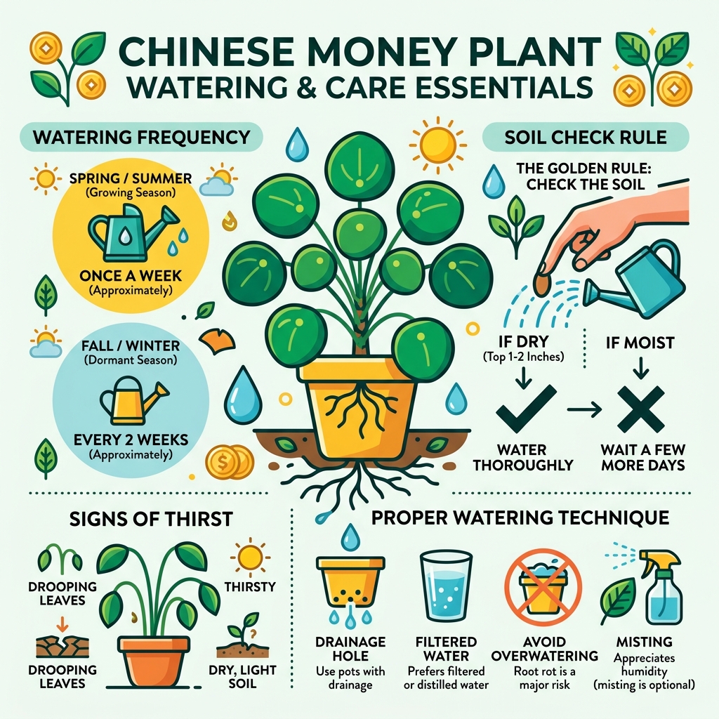 Chinese money plant watering frequency and care essentials infographic - chinese money plant watering infographic 