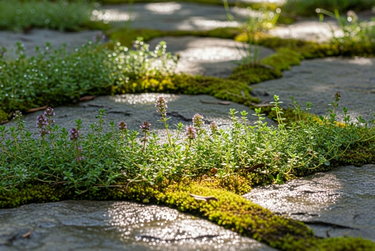 creative close-up shot of a stone path with vibrant green creeping thyme and moss growing between the irregular-shaped stones - laying a stone path