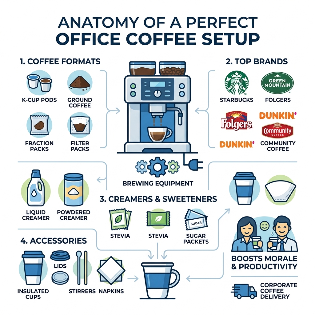 Infographic showing the anatomy of a perfect office coffee setup with formats, equipment, and accessories - Office coffee Infographic showing the anatomy of a perfect office coffee setup with formats, equipment, and accessories - Office coffee