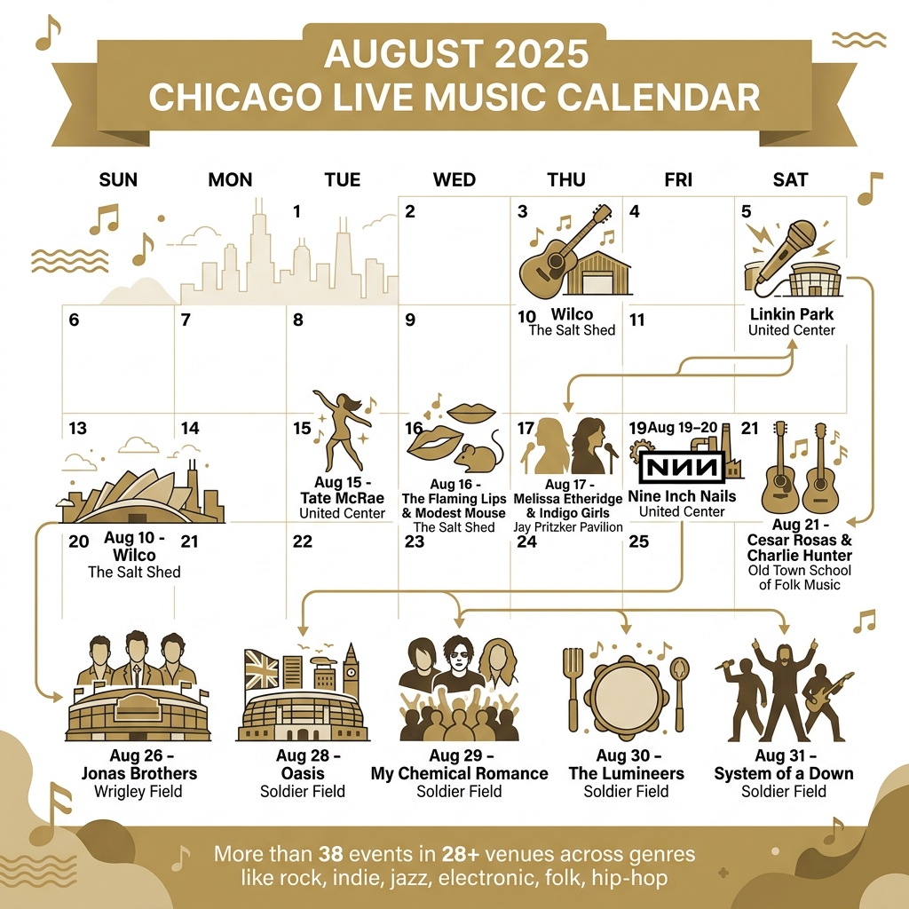 August 2025 Chicago live music calendar infographic with key dates, artists, and venues - live music chicago august 2025