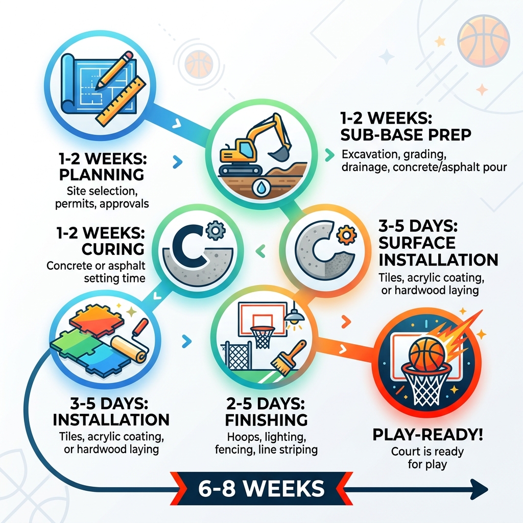 Basketball court installation timeline infographic from planning to play-ready in 6-8 weeks - Basketball court installation Basketball court installation timeline infographic from planning to play-ready in 6-8 weeks - Basketball court installation