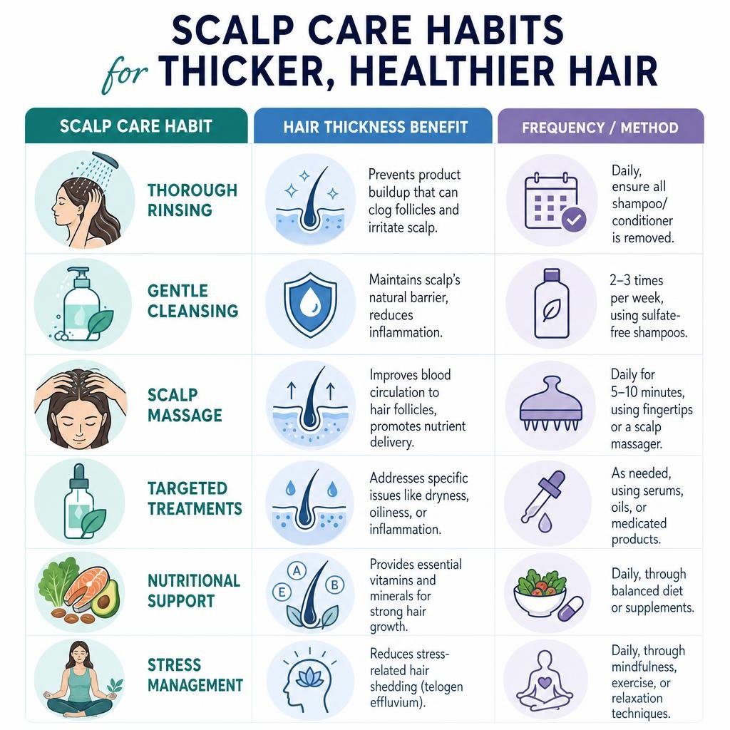 Table comparing scalp care and hair thickness habits infographic