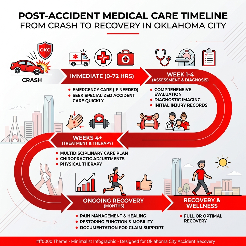 Post-accident medical care timeline from crash to recovery in Oklahoma City - accident care okc infographic 