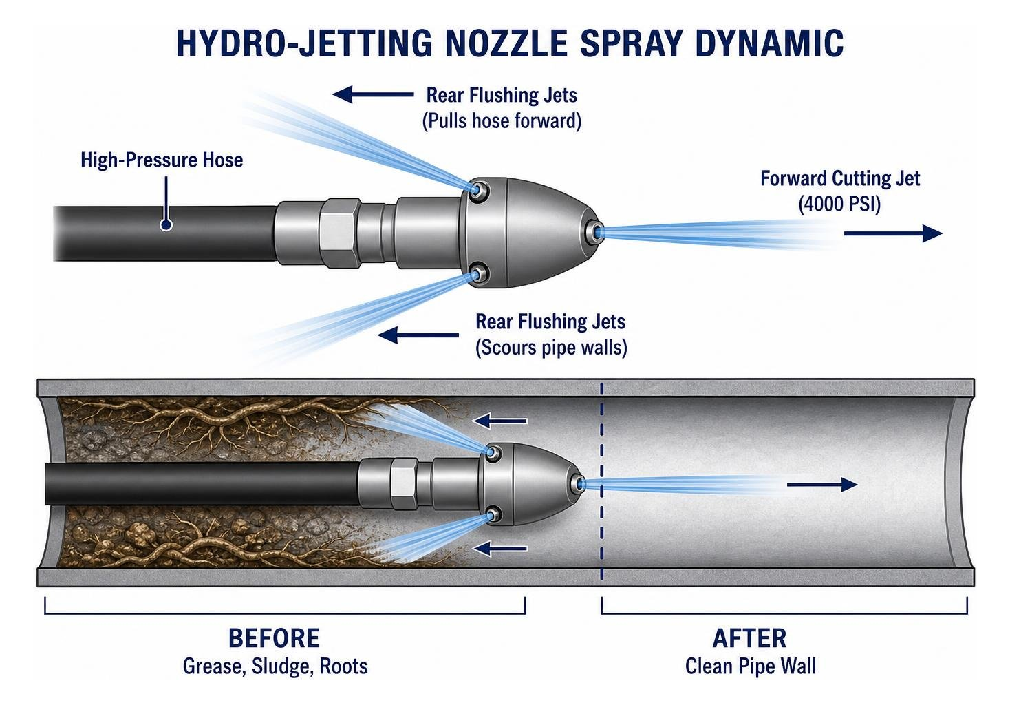 hydro-jetting nozzle spray dynamic diagram