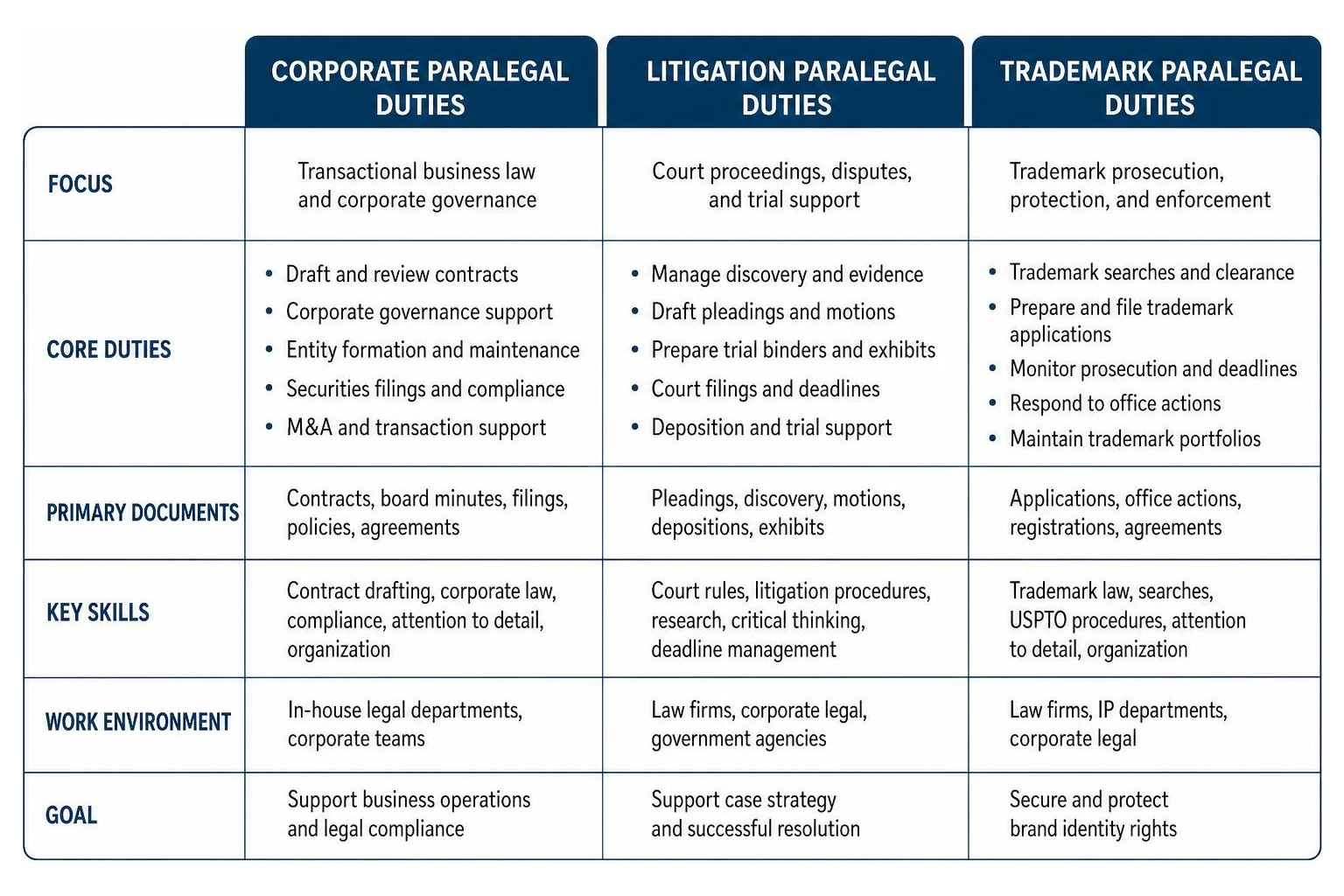 Corporate Paralegal vs Litigation Paralegal vs Trademark Paralegal Duties Corporate Paralegal vs Litigation Paralegal vs Trademark Paralegal Duties