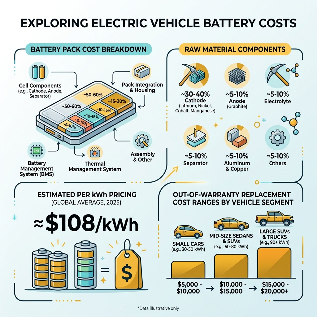 Infographic showing EV battery cost breakdown: pack components, raw materials, per kWh pricing, and replacement cost ranges