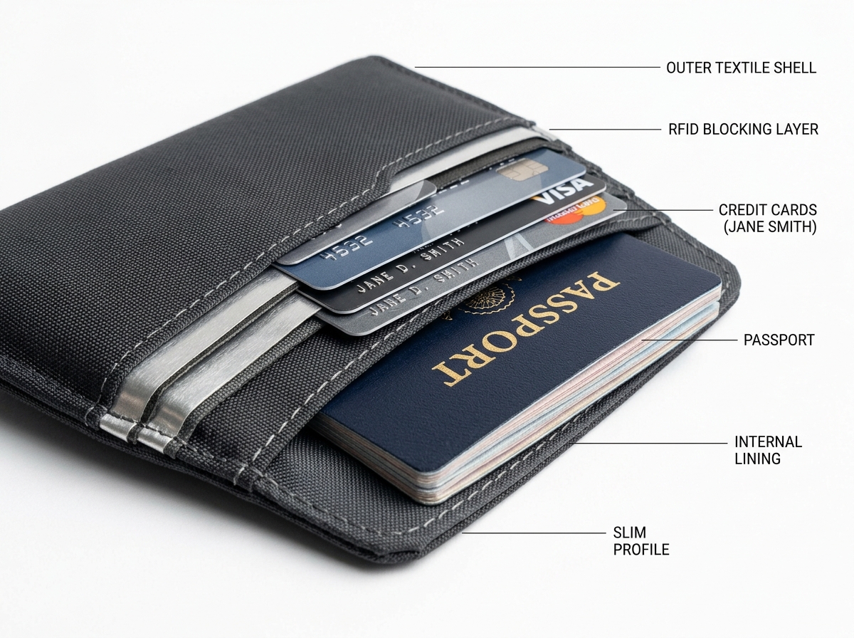 RFID blocking layers in modern travel wallet textiles - compact minimalist travel wallet