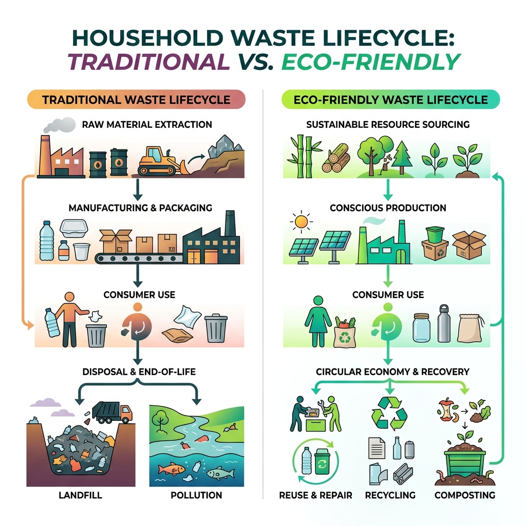 Lifecycle of traditional vs. eco-friendly household waste from production to disposal - environmentally friendly household Lifecycle of traditional vs. eco-friendly household waste from production to disposal - environmentally friendly household
