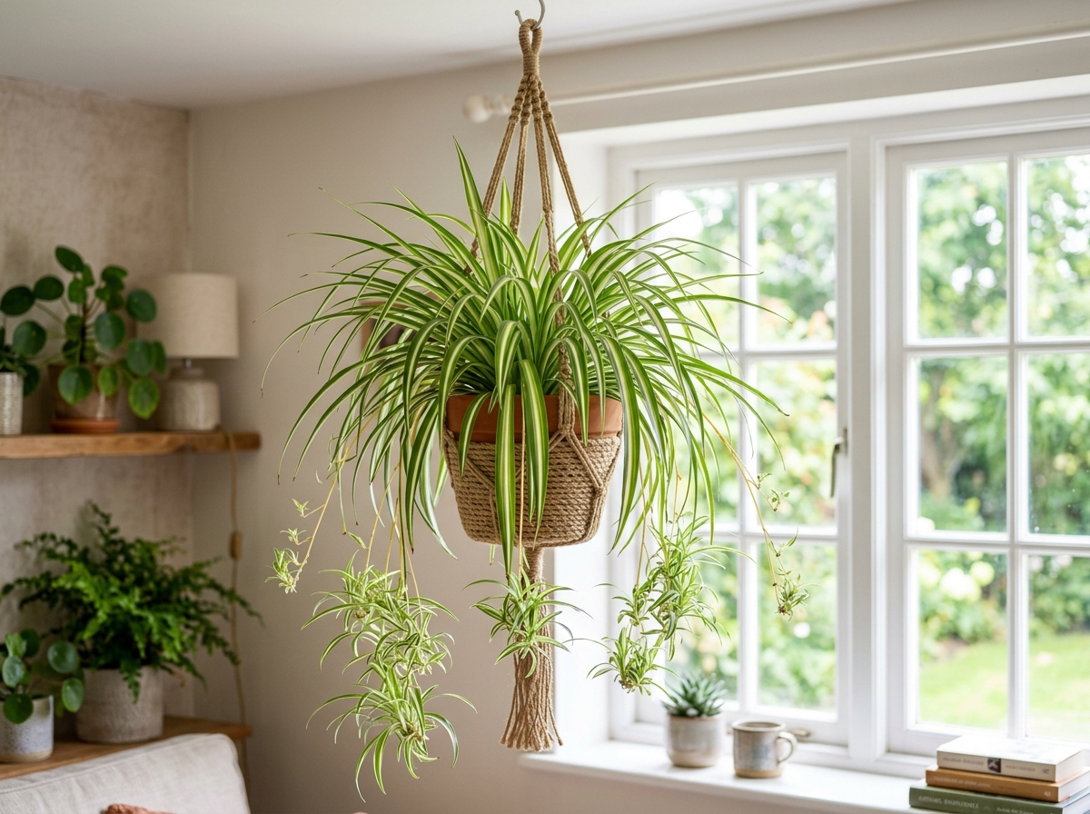 Spider Plant in a hanging basket showing off its air-purifying foliage - best plants for allergies and asthma Spider Plant in a hanging basket showing off its air-purifying foliage - best plants for allergies and asthma