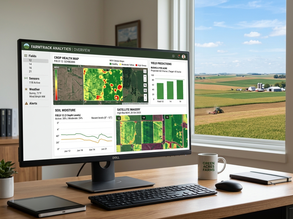 Digital dashboard showing real-time farm analytics and crop health data - artificial intelligence in agriculture