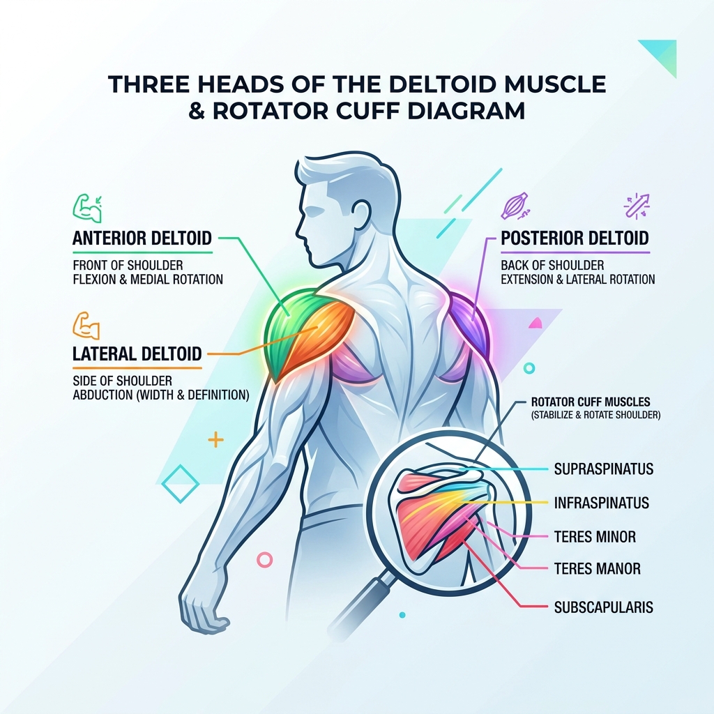 Three heads of the deltoid muscle - anterior, lateral, and posterior - with rotator cuff diagram - at home shoulder workouts Three heads of the deltoid muscle - anterior, lateral, and posterior - with rotator cuff diagram - at home shoulder workouts