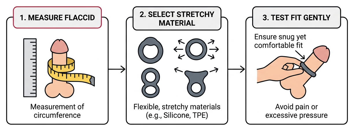 Sizing process: measure flaccid, select stretchy material, test fit gently Sizing process: measure flaccid, select stretchy material, test fit gently