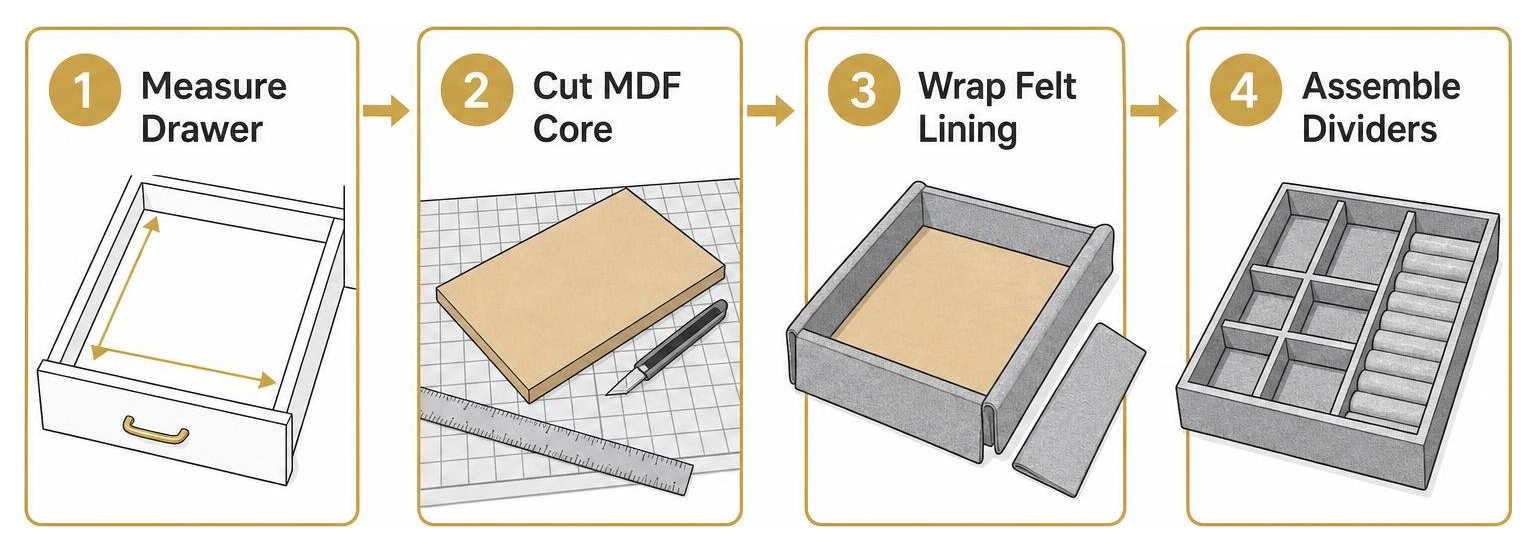 DIY jewelry tray assembly flow: measure drawer, cut MDF core, wrap felt lining, assemble dividers