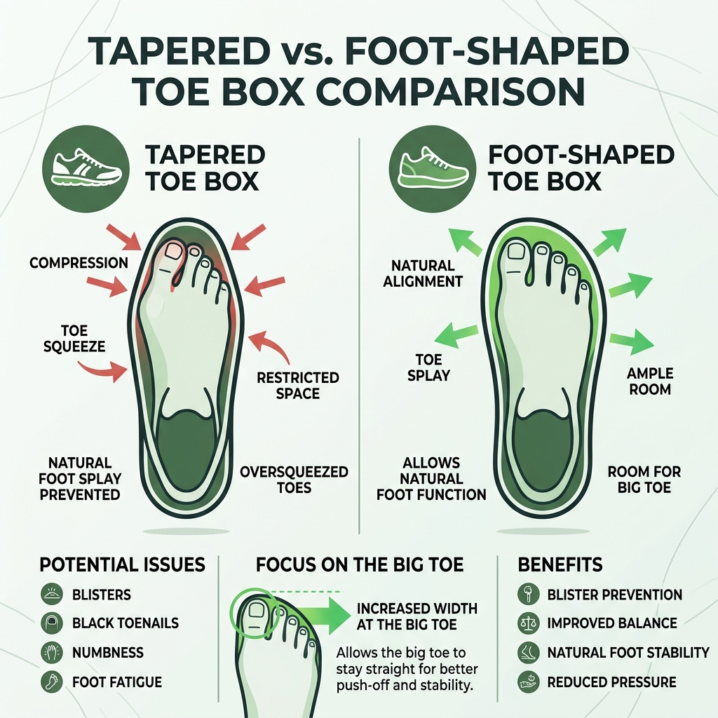 Tapered vs. foot-shaped toe box comparison infographic showing width differences at the big toe area - big toe box running