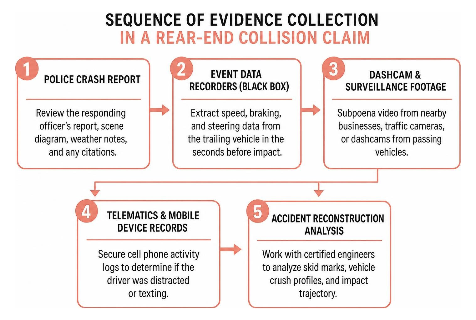 Sequence of evidence collection in a rear-end collision claim
