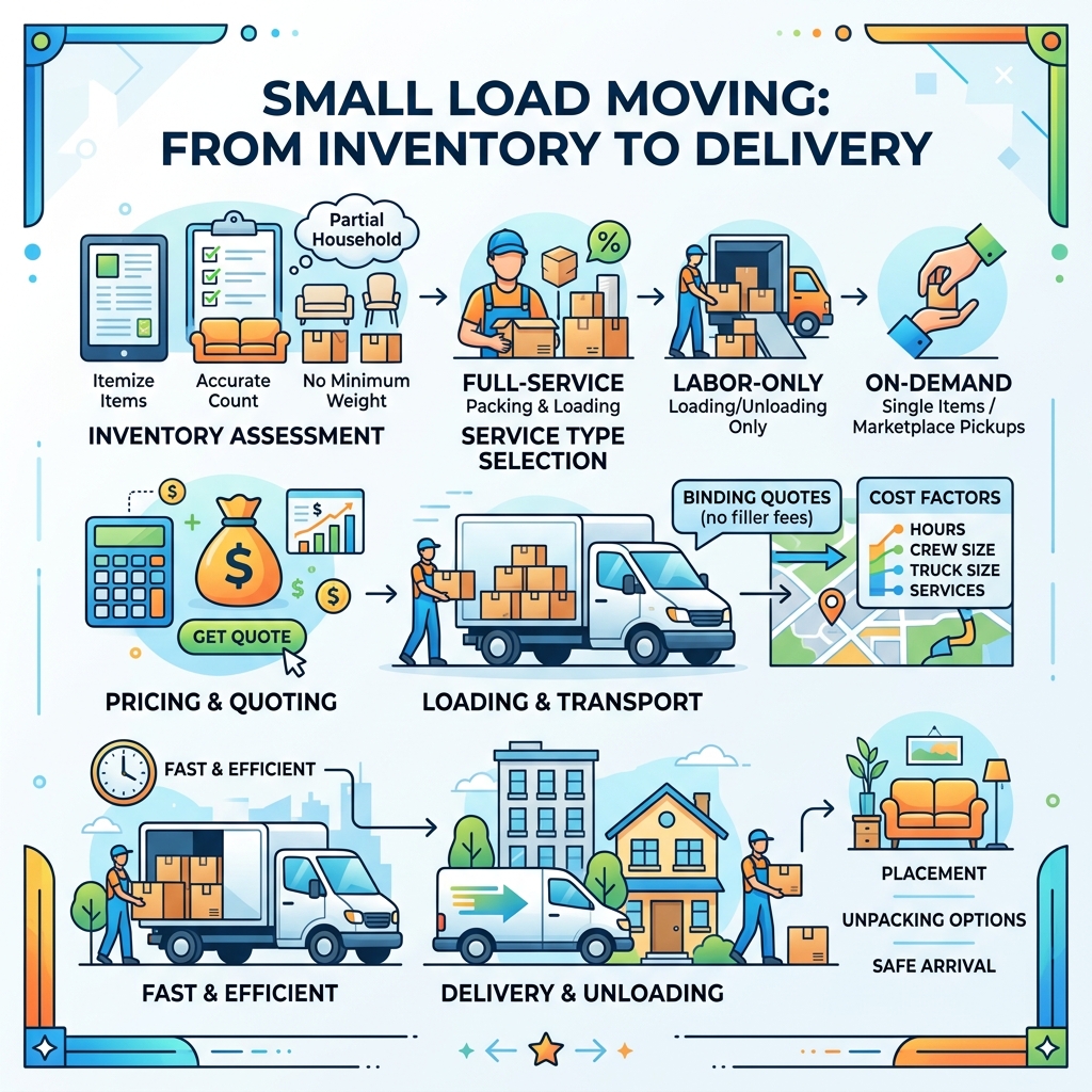 Infographic showing the small load moving process from inventory to delivery with cost factors and service types - local