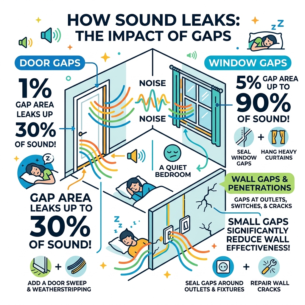 infographic showing how sound leaks through gaps in doors, windows, and walls with percentage data - practical soundproof infographic showing how sound leaks through gaps in doors, windows, and walls with percentage data - practical soundproof