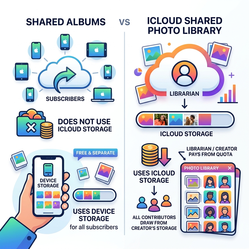 Infographic comparing Shared Albums vs iCloud Shared Photo Library storage impact - do shared photo albums use icloud