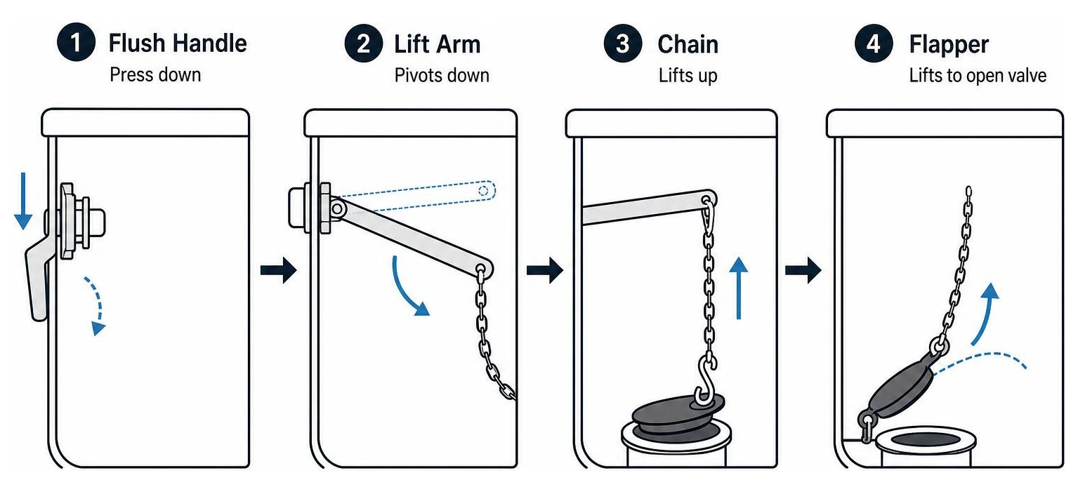 diagram showing the mechanical connection between flush handle, lift arm, chain, and flapper diagram showing the mechanical connection between flush handle, lift arm, chain, and flapper