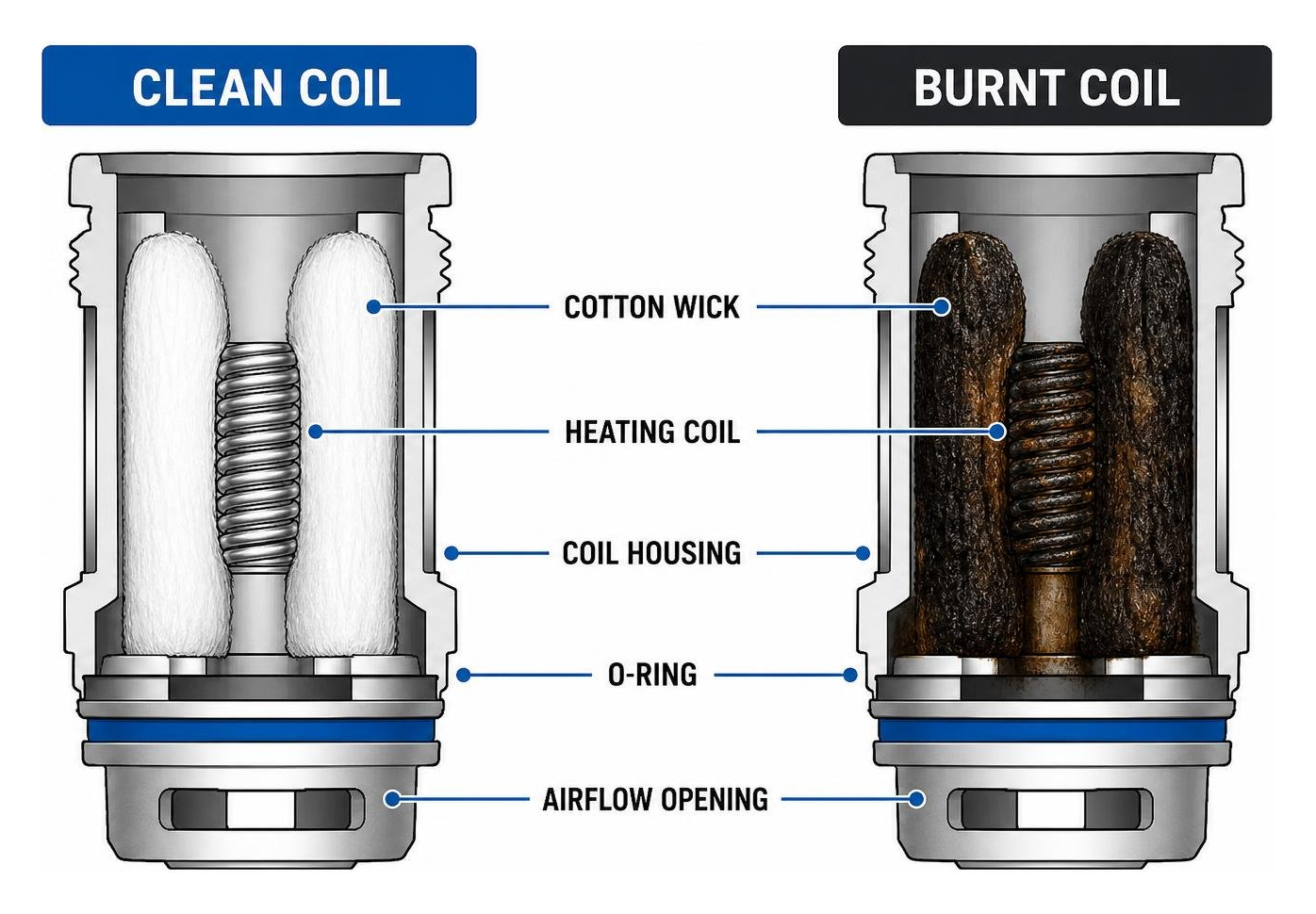 Cross section comparison of a clean white cotton coil versus a dark gunky burnt coil