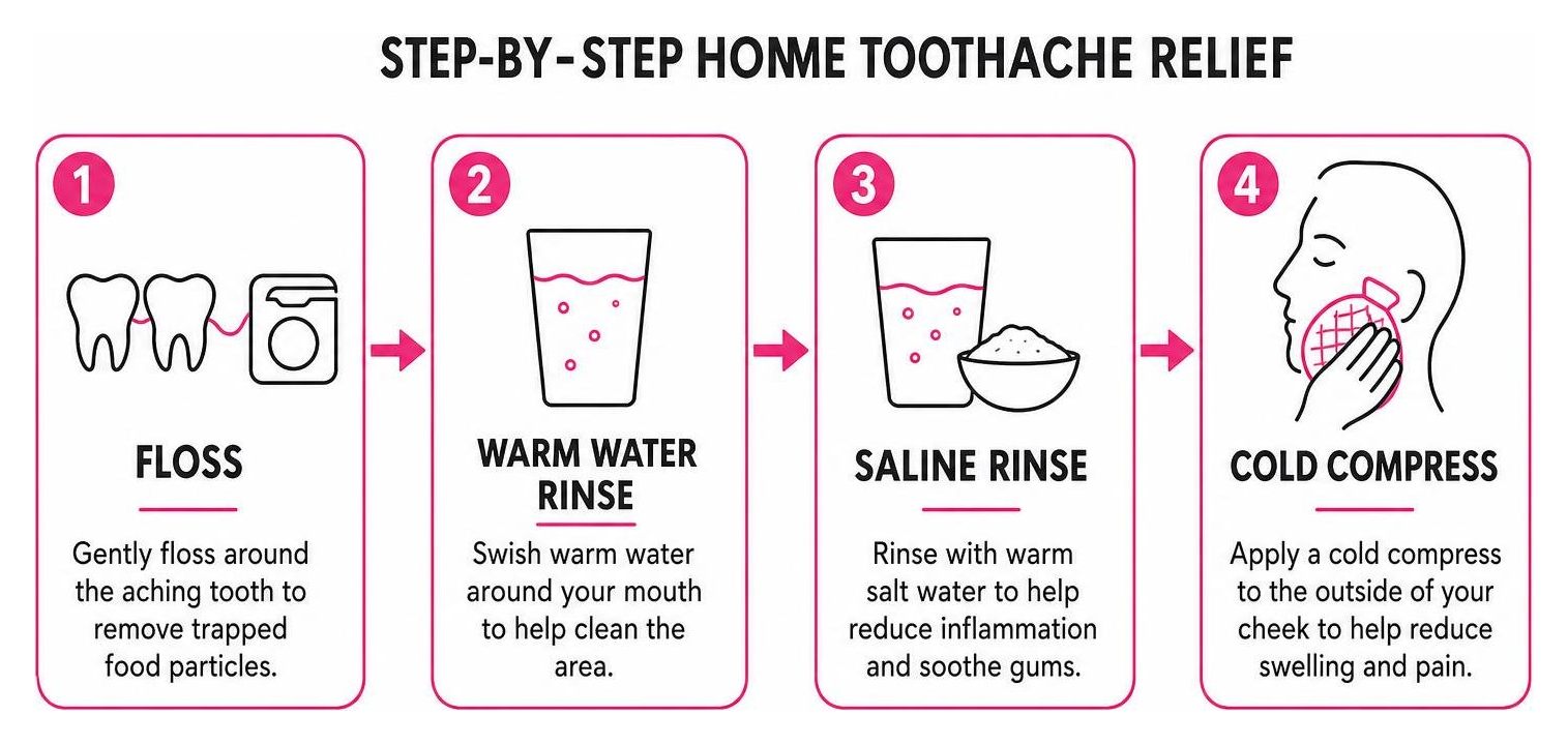 Step by step home toothache relief workflow from flossing to rinses and compress Step by step home toothache relief workflow from flossing to rinses and compress