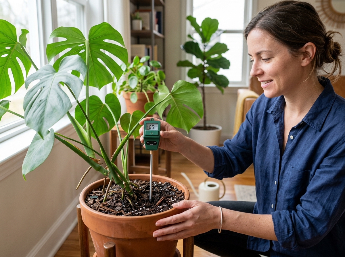 A person using a moisture meter to check a Monstera's soil - monstera deliciosa low light