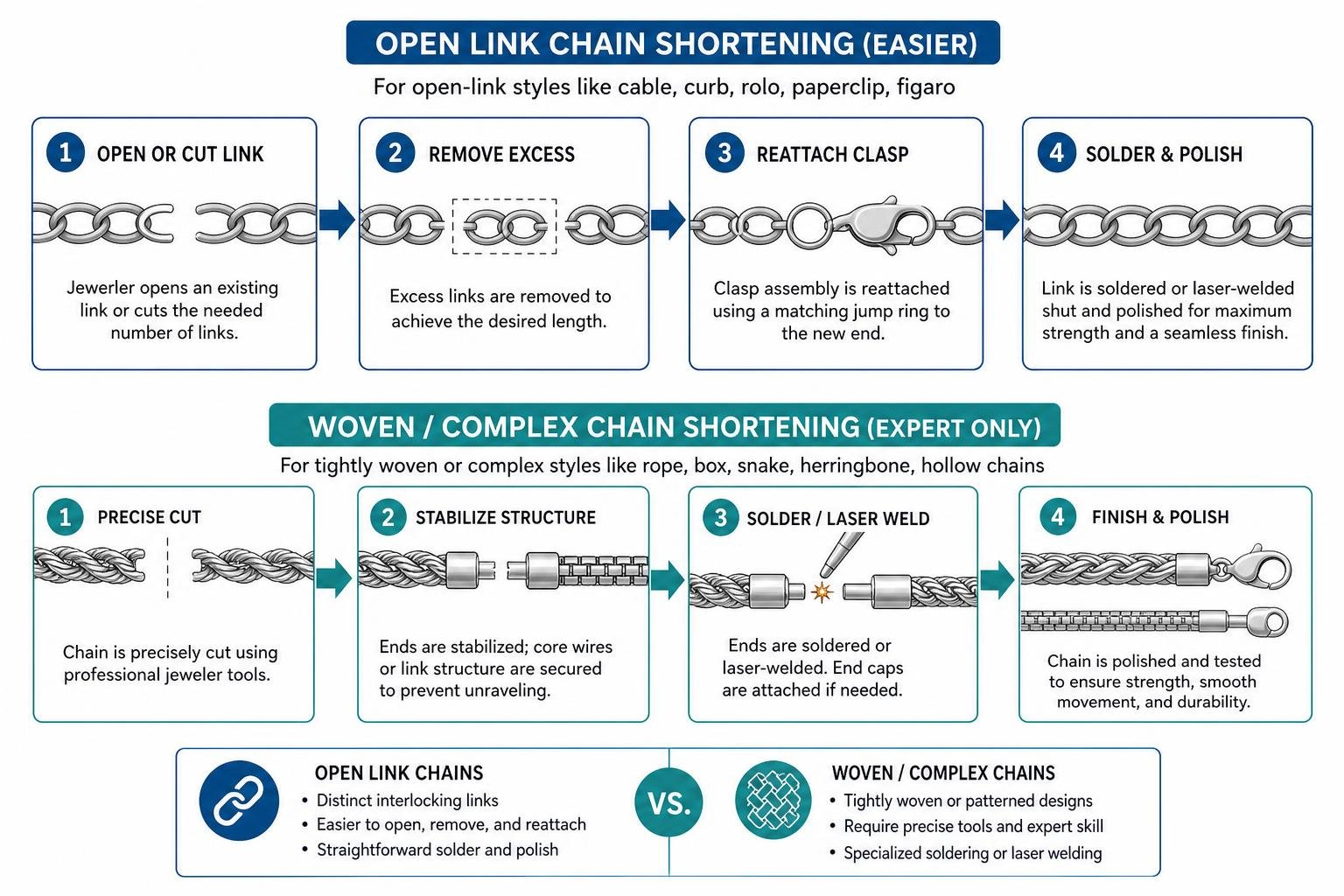 Diagram comparing open link chain vs woven chain shortening process Diagram comparing open link chain vs woven chain shortening process